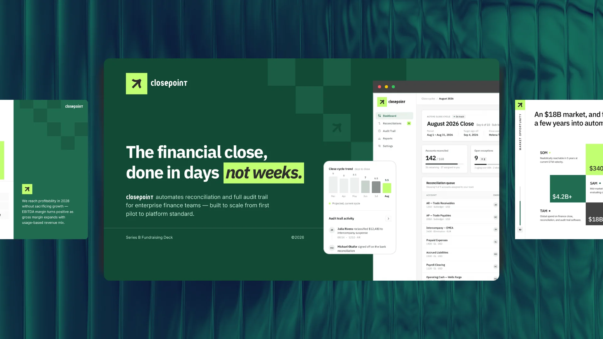 ClosePoint deck — cover slide on a green chrome ground (self-initiated)