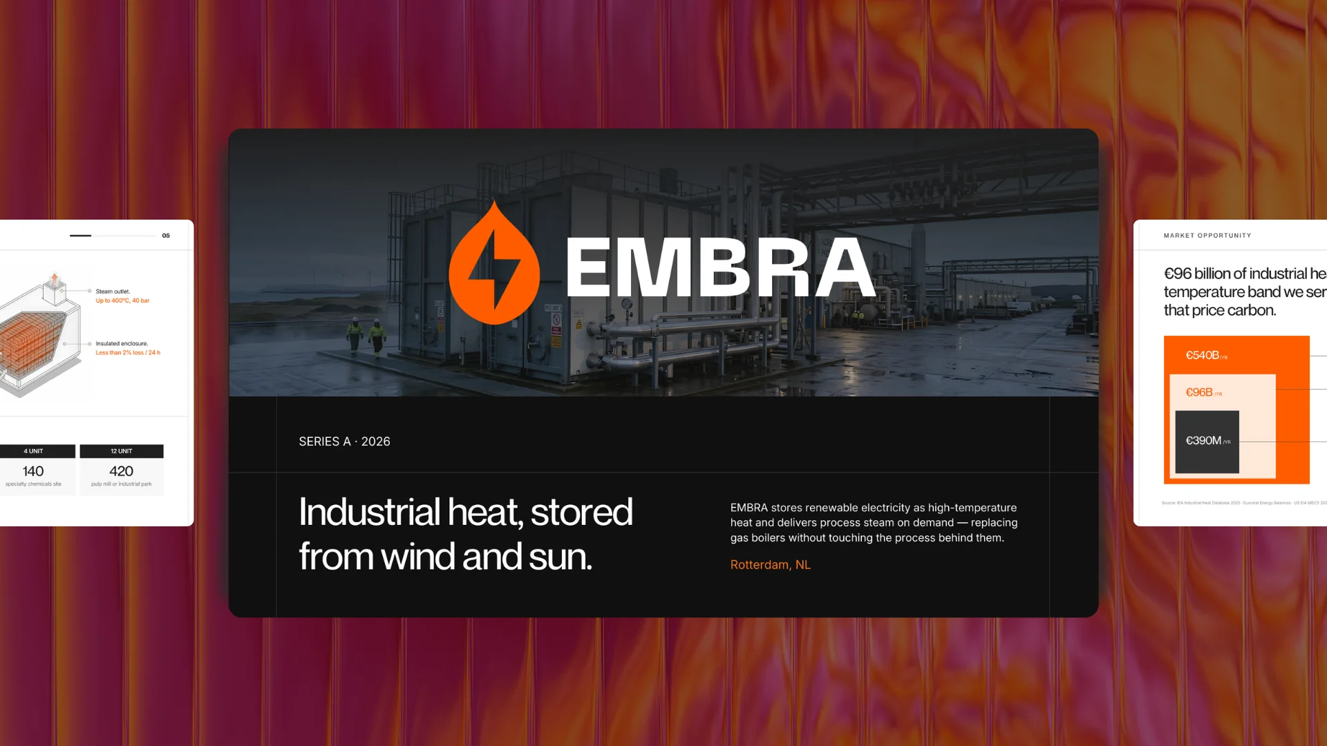 EMBRA deck — cover slide on a warm chrome ground (self-initiated)